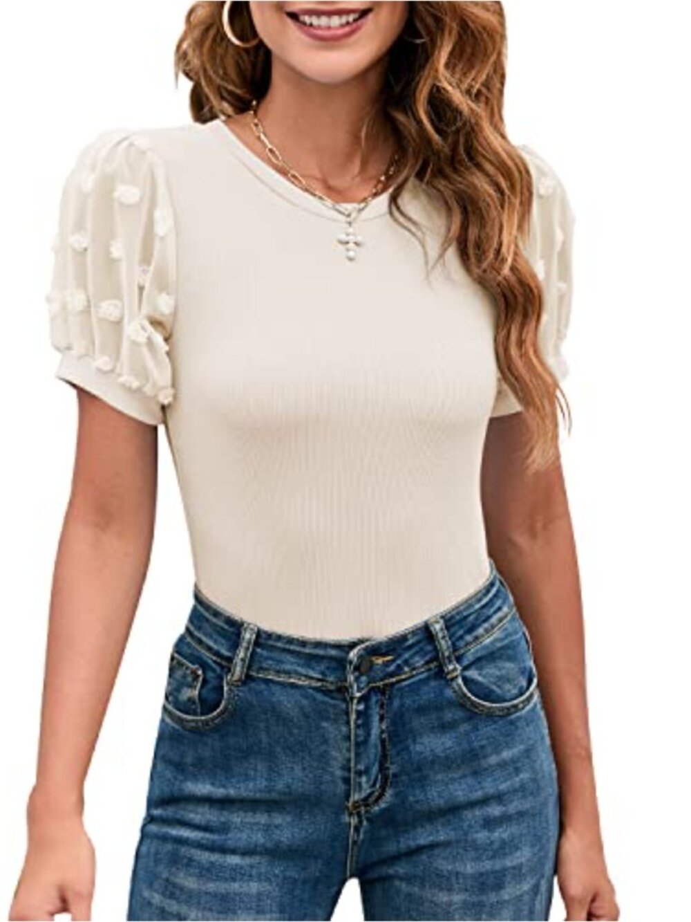 Swiss Dot Sheer Mesh Puff Sleeve Bodysuit Blouse Ribbed Knit Slim Fit Top
